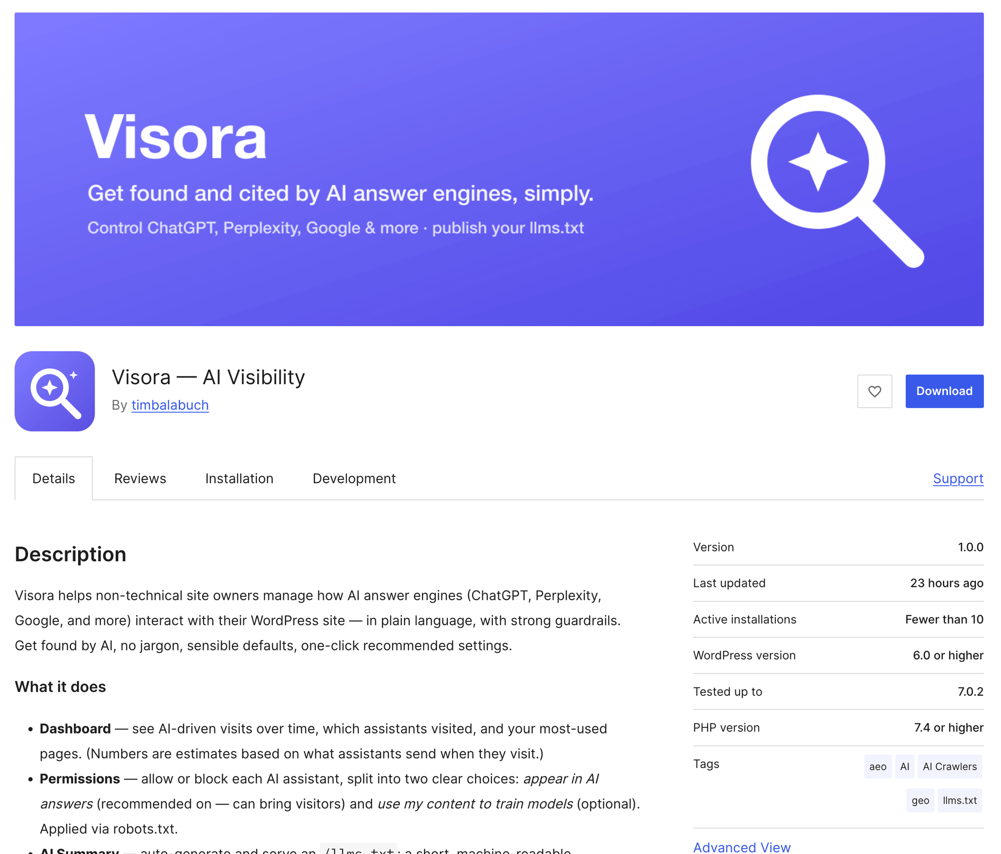 The Visora plugin page on the WordPress.org plugin directory, with the tagline Get found and cited by AI answer engines.
