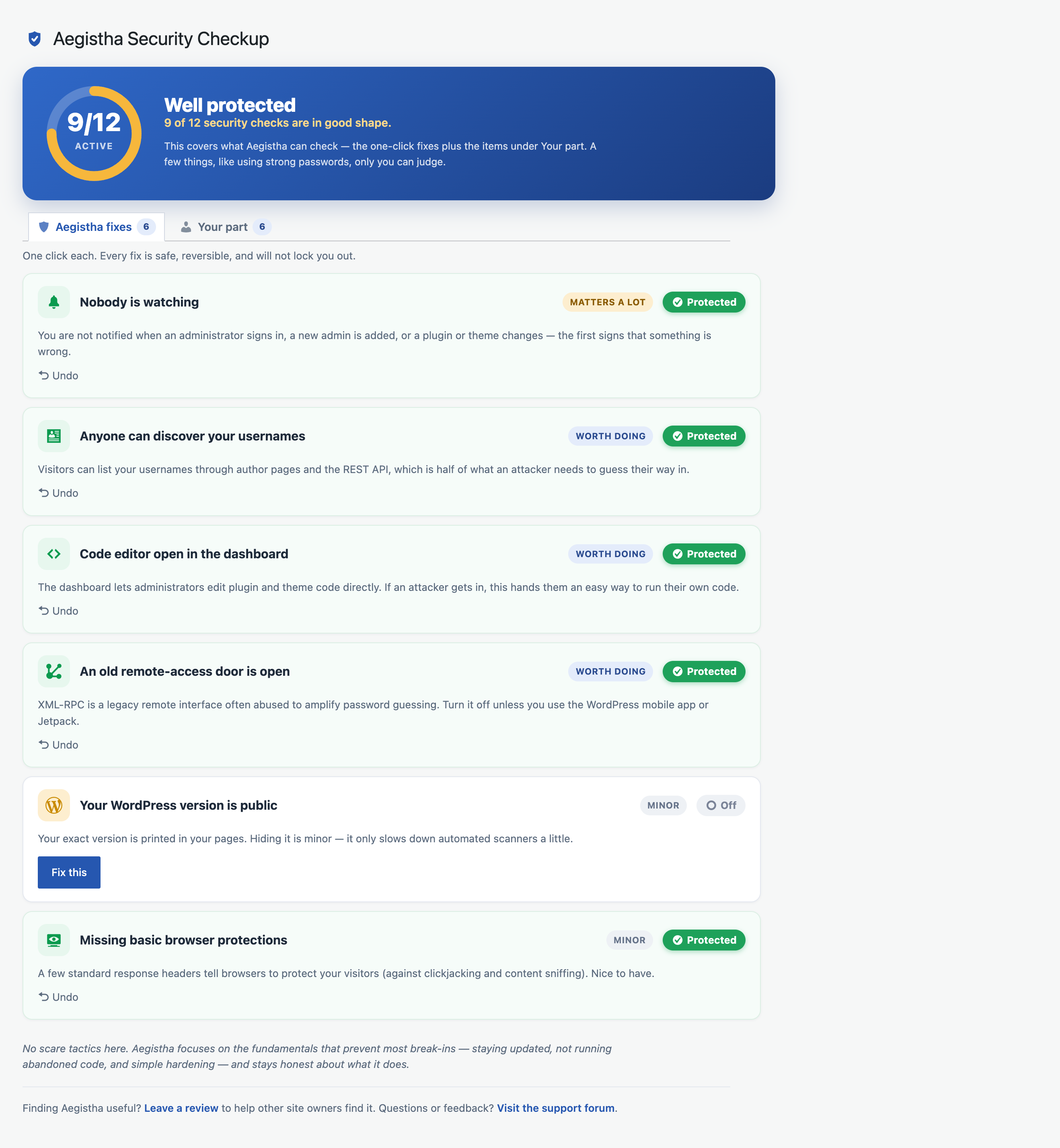 The Aegistha security checkup in the WordPress admin, showing a 9 of 12 protection meter and plain-English security checks ranked by priority.