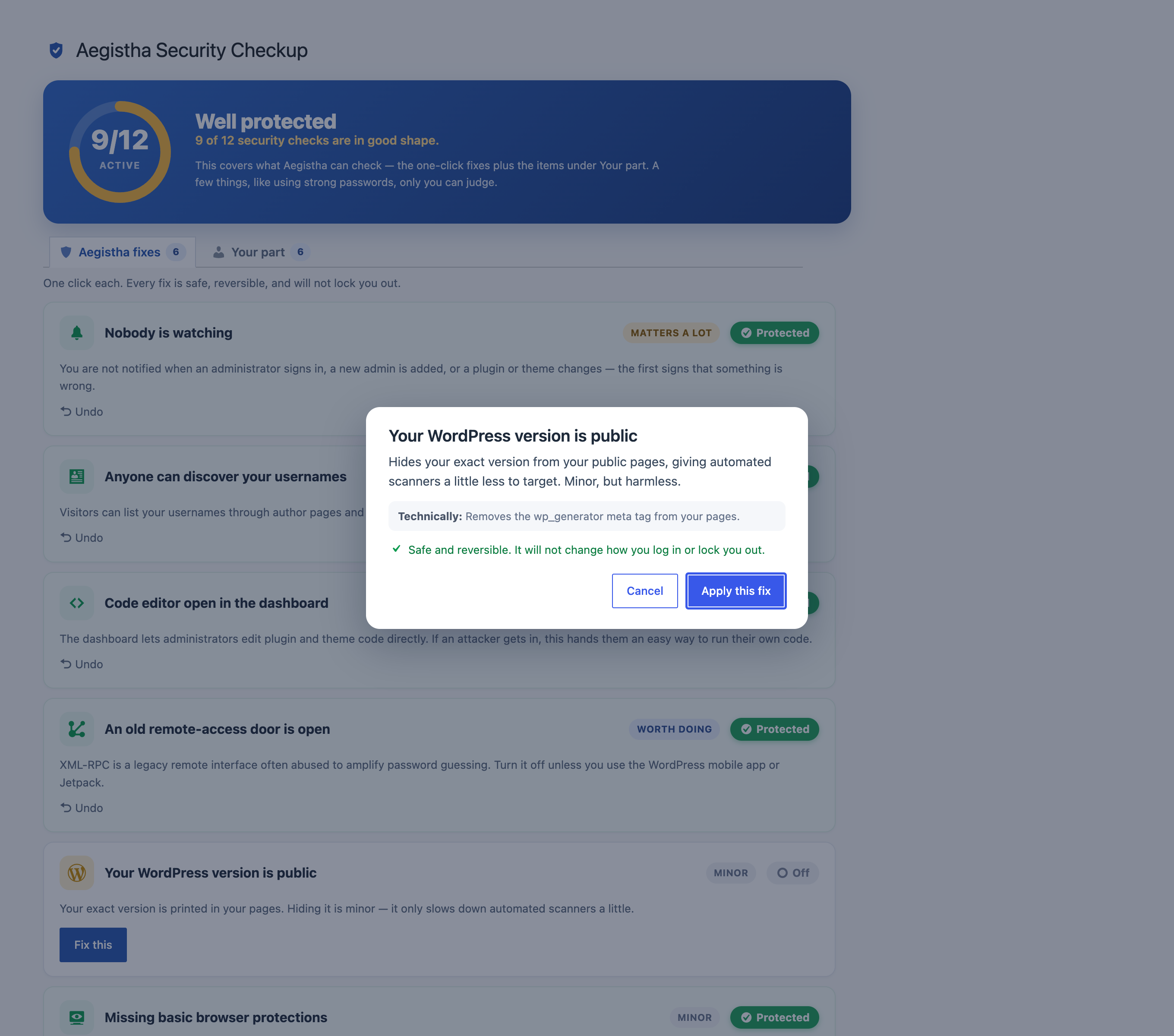 An Aegistha confirmation dialog explaining a one-click fix before applying it, noting that it is safe, reversible, and will not lock you out.