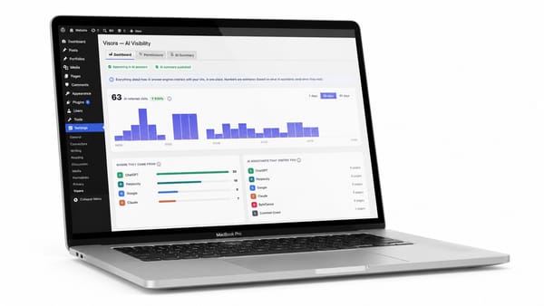 The Visora dashboard shown on a laptop, tracking AI-referred visits and which AI answer engines are citing the WordPress site.